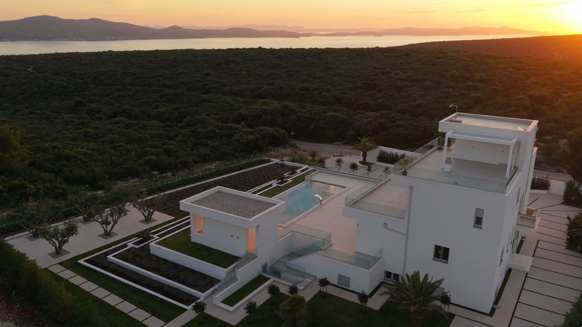 Sunset over the villa and the channel